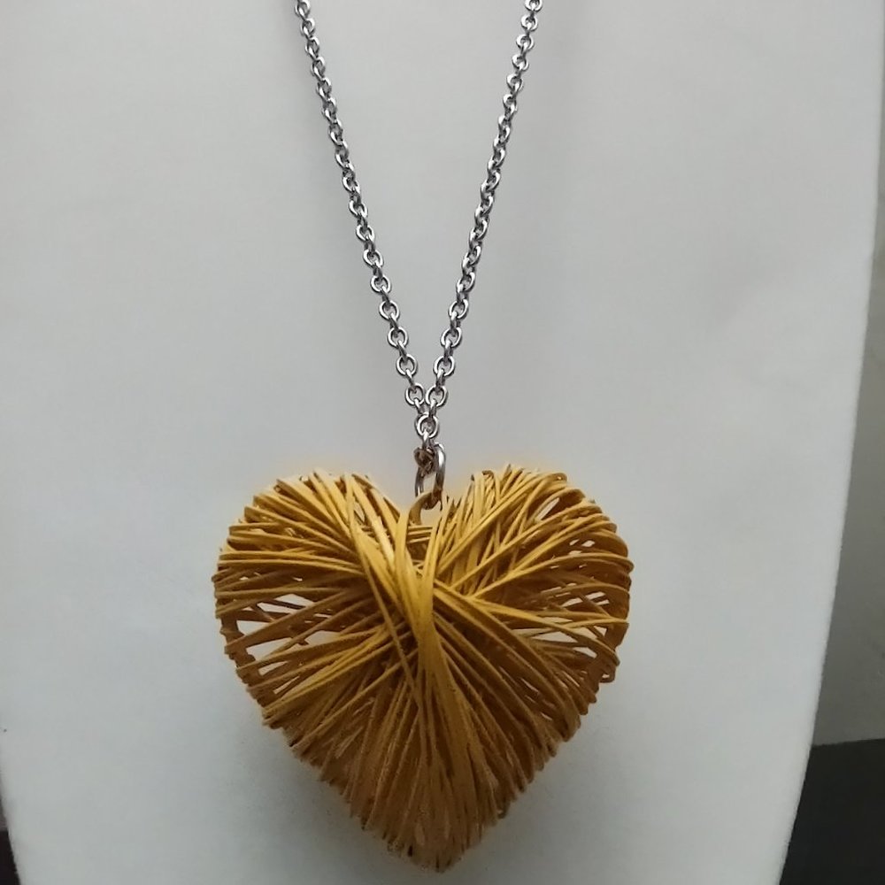 Yellow Enamel Paint Coated Wire Puff Heart Pendant and 32 - 34" Chain